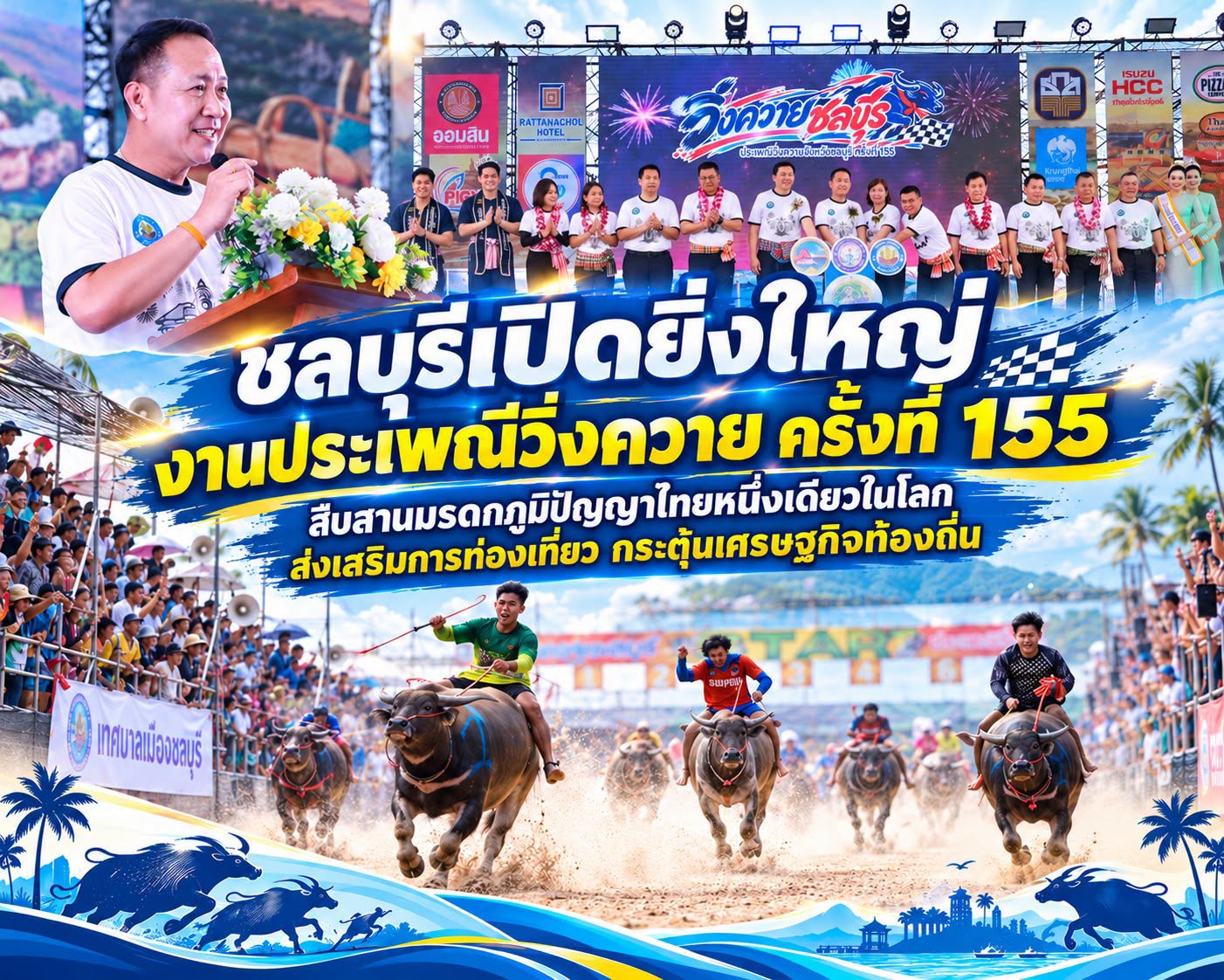ชลบุรีเปิดยิ่งใหญ่! งานประเพณีวิ่งควาย ครั้งที่ 155 สืบสานมรดกภูมิปัญญาไทยหนึ่งเดียวในโลก ส่งเสริมการท่องเที่ยว กระตุ้นเศรษฐกิจท้องถิ่น